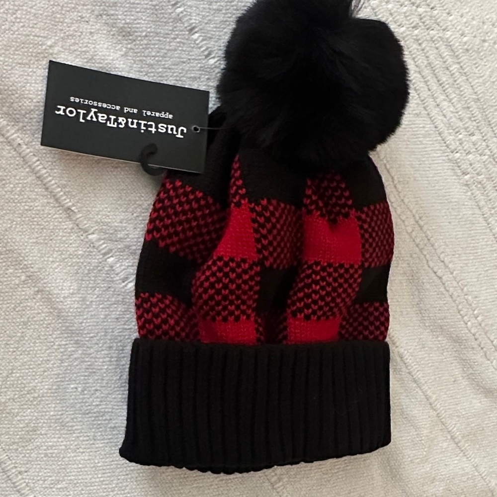 Just...Taylor Red and Black Plaid Pom-Pom Hat